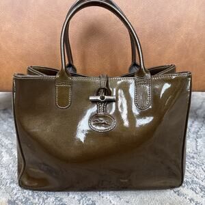 LONGCHAMP Horse Logo Hand Tote Bag Women Brown Genuine Flaws